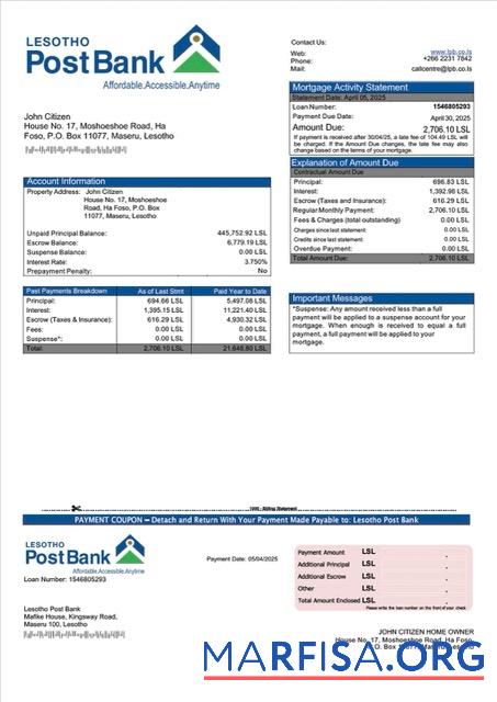 Downloadable Lesotho Post Bank mortgage statement Word and PDF template